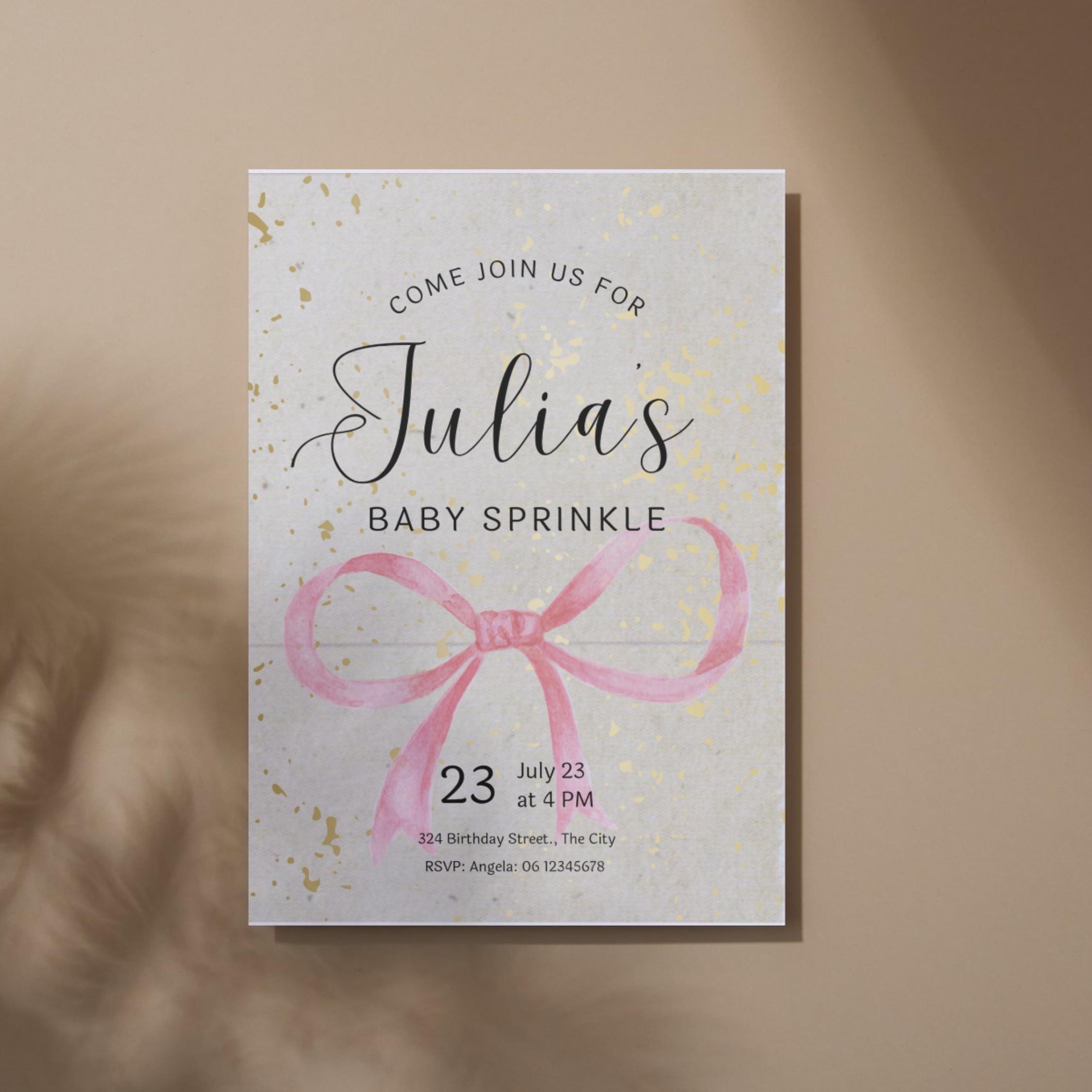 Babyshower Invitation Bow | Elegant Pink and Gold Baby Shower Invite ...