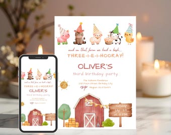 Editable Boy 3rd Birthday Farm Invite, Three I E I O Birthday Invitation, Barnyard Birthday Party Digital Invitation, Canva Template e-vite