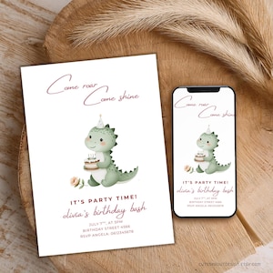 Girly Dinosaurier-Geburtstagseinladungen 3 Jahre alt | Bearbeitbar Kleinkind Geburtstagsfeier einladen Roar Theme Dino Erste Geburtstagseinladung 2 Jahre alt