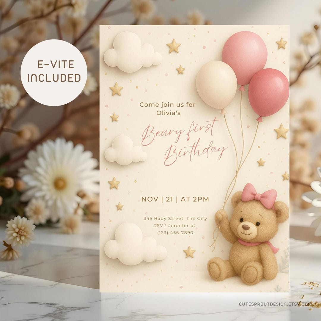 Beary First Birthday Invitation Girl | Pink Teddy Bear Party Invite ...