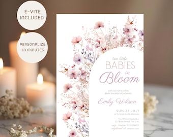 Twin Baby Shower Invitation, Two Little Babies in Bloom, Soft Pink Floral Invite, Printable & Digital