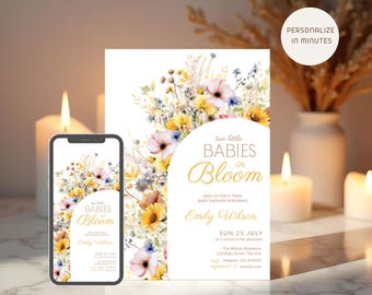 Boy Girl Twin Baby Shower Invitation, Baby in Bloom Wildflower Baby Sprinkle (5x7 and 1080x1920)