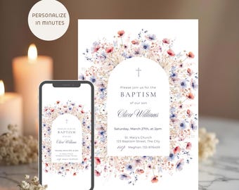 Floral Baptism Invitation Arch Style, Editable Christian Invitation for Son