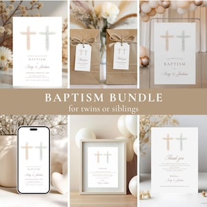 May include: A baptism bundle featuring invitations, signage, and thank you cards. The designs include watercolor crosses in soft pastel colors. The text reads "Baptism" and "Thank You". The bundle is designed for twins or siblings.