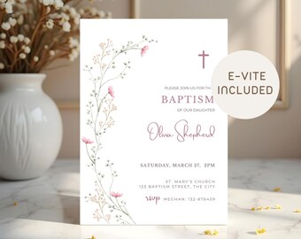 Girl Baptism Invitation Flowers, Pink Floral Christening Invite Template, Editable Baptism Phone Invitation, Elegant Pink Invite for a Girl
