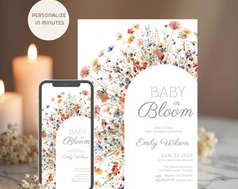 Baby in Bloom Baby Shower Invitation Blue Wildflower, Boy Baby Sprinkle Summer, Print & Digital