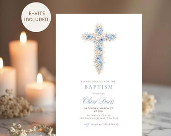 Vintage Floral Boy Baptism Invitation, Baptism Phone Invitation Template, Luxury Christening Boy Invite, Canva Editable