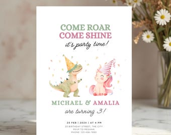 Unicorn Dinosaur Twin Birthday Party Invitation Third Birthday Invite Twins | Sibling Birthday Invitation Double Birthday Invitation 3rd