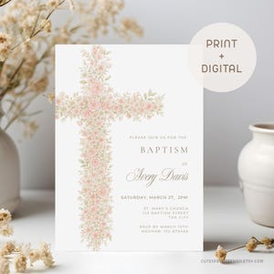Vintage bloemen doop uitnodiging meisje, baby doop uitnodigen stoffig roze, meisje doop wilde bloemen uitnodiging sjabloon, digitale uitnodiging