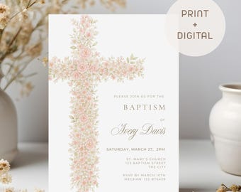Vintage Floral Cross Baptism Invitation, Girl Christening (Digital)