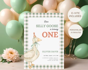Silly Goose One Birthday Invitation, Green Gingham Neutral Invite, Editable First Birthday Card