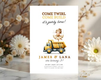 Boy And Girl Twin 3rd Birthday Invite Truck And Tutus | Custom Kids Birthday Invitation Brother and Sister | Joint Party Invite for Siblings