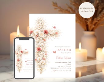 Vintage Floral Baptism Invitation Template, Pink Christening Invite with Butterflies, Pink Baptism Canva Template, Digital Invitation