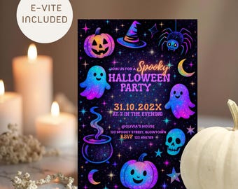 Neon Halloween Party Invitation, Costume Party Invite Kids, Digital Invitation Let's Get Spooky, Editable Halloween Birthday Invite