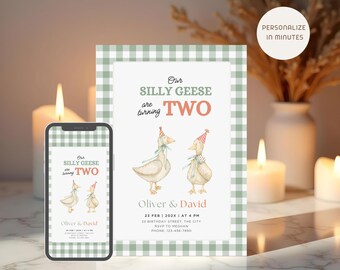 Two Silly Goose Birthday Invitation, Editable Gingham Party Card 2nd Birthday, Print and Digital