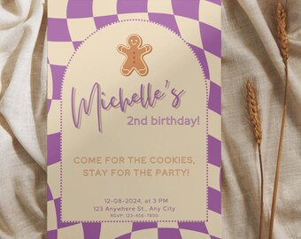 Gingerbread Invitation Second Birthday | Retro 2nd Birthday Invite | DIY Kid Birthday Invite | Christmas Cookie Birthday Party Invite Purple