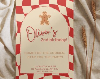 Gingerbread Invitation Second Birthday | Retro 2nd Birthday Invite | Printable Canva Template | Christmas Cookie 5x7 Birthday Party Invite