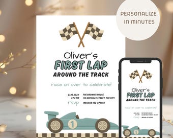 Editable Race Car Birthday Invitation Boy, First Lap Around the Track Invite, Modern Minimal Racing Party, First Birthday Digital Invitation