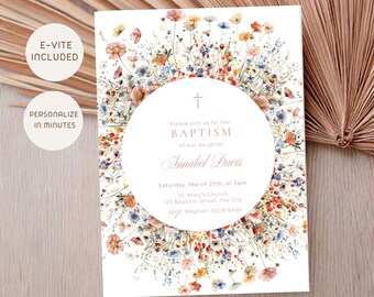 Wildflower Baptism Invitation for Girl or Boy, Christening e-vite with Strawberries, Editable Christian Invite