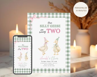 Boy Girl Twin Birthday Invitation, Gingham Birthday Invite for Siblings, Print and Digital