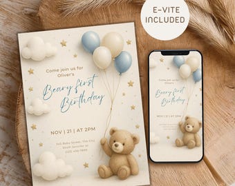 Editable Beary First Birthday Invitation Boy | Blue Teddy Bear Birthday Party e-vite Template | 1st Birthday Digital Invitation Balloons
