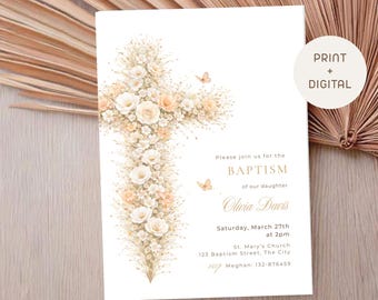 Vintage Floral Baptism Invitation Template Girl, Pink Floral Cross Christening Invite, Boho Baptism, Editable Canva, Digital Invitation