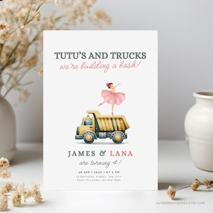 Editable Truck And Tutus Invite for Twins | Custom Kids Birthday Invitation Brother and Sister | Joint 4th Birthday Invite for Siblings Four