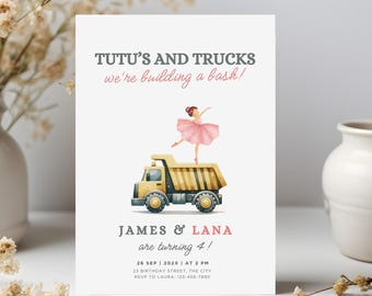 Editable Truck And Tutus Invite for Twins | Custom Kids Birthday Invitation Brother and Sister | Joint 4th Birthday Invite for Siblings Four
