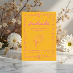 Faire-part de remise des diplômes fuchsia et orange Modèle sur toile modifiable avec un noeud rose