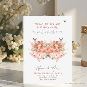 Faire-part pour 3e anniversaire de princesse, modifiable, fée, jumelles, fille, faire-part d'anniversaire pour frères et sœurs, modèle de fête d'anniversaire commun, bouquet de fleurs