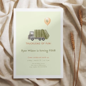 4 Jahre alte LKW Geburtstagseinladung | Boho Geburtstagseinladung Müllauto Kinder-Lastwagen-Party-Vorlage | Ausdruckbare Kids Invite Grün
