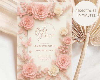 Pink Floral Baby Shower Invitation Girl | Baby Sprinkle Winter Wonderland | Elegant Rose Digital Invite | Pink Baby Shower Phone Invitation