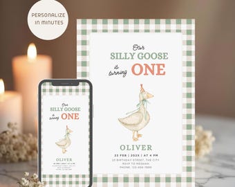Silly Goose First Birthday Invitation, Green Gingham Boy Invite, Editable One Year Birthday Card
