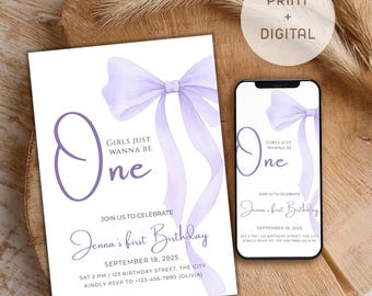 Purple Bow First Birthday Invitation Editable, Soft Pastel Lilac Ribbon 1st Birthday Party Invite Digital, Girls Just Wanna Be One E-vite