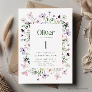 Modifiable Notre petite fleur sauvage va avoir un anniversaire Faire-part d'anniversaire Premier anniversaire garçon Inviter printemps garçon fête d'anniversaire Inviter vert sauge