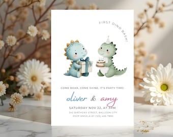 Brother Sister Birthday Party Invite Unicorn Dinosaur Twin Birthday Party Invitation Joint Birthday Invitation Dino Boy Girl Party 1st Bday