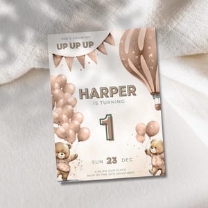 Bear in hot air balloon invitation pink balloon birthday invite air balloon first birthday invite growing up up Girls First Birthday Invite