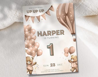 Bear in hot air balloon invitation pink balloon birthday invite air balloon first birthday invite growing up up Girls First Birthday Invite