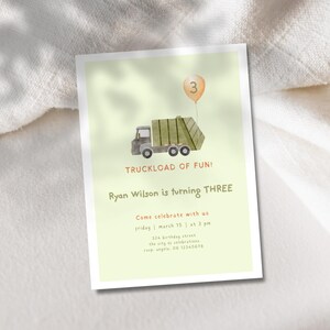 3 Jahre alte LKW-Geburtstagskarte | Boho Geburtstagseinladung Müllauto Kinder-Lastwagen-Party-Vorlage | Kids Invite Salbeigrün