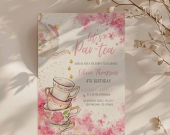 ANY AGE - Girls Tea Party Birthday Invitation – Floral Teacup Lets Part Tea (Digital Download)