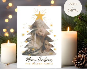 Modern Christmas Tree Photo Card Template | Christmas Photo Collage Card Template | Editable Canva Holiday Card | Greeting Card with Picture