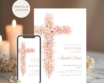Vintage Floral Baptism Invitation, Blush Pink Cross Christening Invite, Girl Baptism Template, Editable Canva Design, Phone Invitation