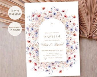 Floral Twin Baptism Invitation, Editable Christening and Dedication Ceremony Invite