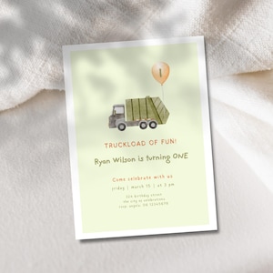 1 Jahr alte LKW-Geburtstagseinladung | Boho Geburtstagseinladung Müllauto Kinder-Lastwagen-Party-Vorlage | Kids Invite Salbeigrün