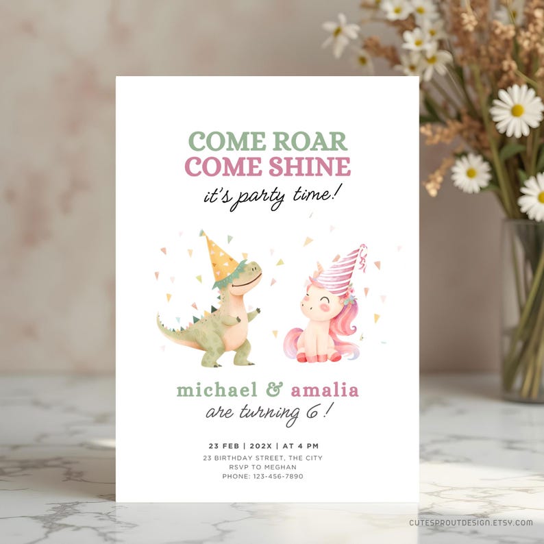 editable unicorn dinosaur twin birthday party invitation
sixth birthday invite twins
Dinosaur Invitation, Unicorn Birthday, Dinosaur And Unicorn,  Dino Unicorn Invite, Dinosaur Party, Unicorn Dragon, Dino Unicorn Party