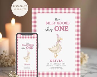 Pink Gingham Silly Goose First Birthday Invitation, Girl One Birthday Editable Invite