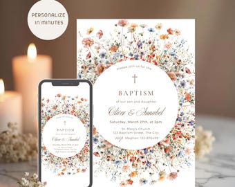 Wildflower Twin Baptism Invitation Floral Design, Christening or Dedication Invite for Siblings
