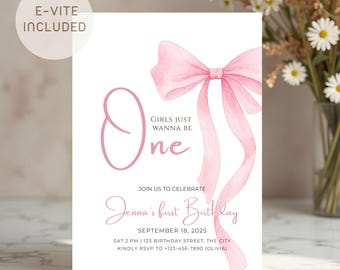 Pink Bow First Birthday Invitation Editable, Soft Pastel Pink Ribbon 1st Birthday Party Invite Digital, Girls Just Wanna Be One E-vite