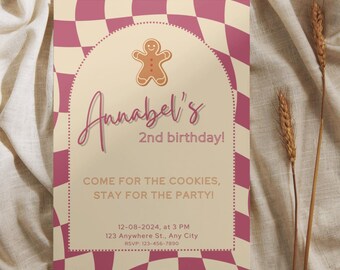Gingerbread Invitation Second Birthday | Retro 2nd Birthday Invite | DIY Kid Birthday Invite | Christmas Cookie 5x7 Birthday Party Invite