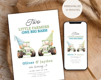 Twin Boy Birthday Invitation Farmer | Tractor Sibling Party Invite Canva | Editable Farm Birthday Invite Brothers | Digital Invite e-vite